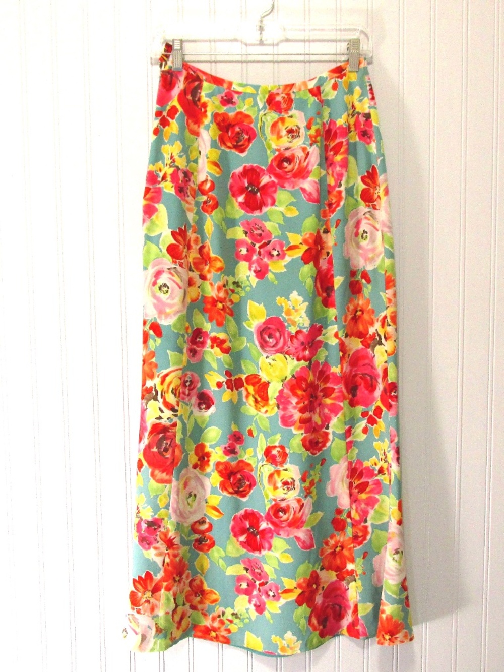 Harold's Turquoise Red Floral Silk Trumpet Skirt, Size 4
